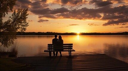 Two people sitting on a bench on a dock admiring the sunset over a lovely lake in Minnesota on a calm and peaceful evening in golden hour