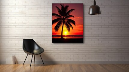 Sticker - Gentle evening glow on a tropical beach with palm trees