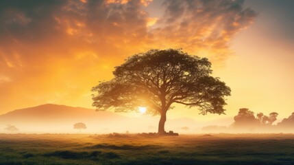 Gorgeous dawn behind tall trees in spring with mist Silhouette of large tree with sun shining Savanna field in Africa during springtime Blurred background