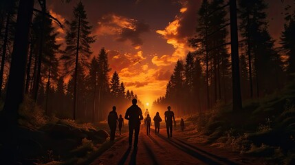 Poster - People are leaving the forest at sunset with a road and lovely light in the background