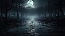 Mysterious Forest With A Moonlit Path Fog And A Halloween Backdrop Hint