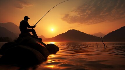 Thailand sunset featuring a man fishing seen as a silhouette