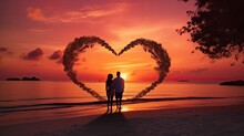 Young Couple On Their Wedding Day On A Tropical Beach With A Sunset Sea Backdrop Creating A Heart Shape With Their Hands