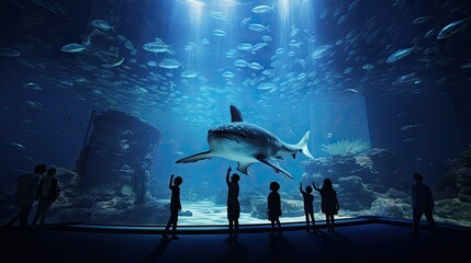 Visitors at aquarium watch silhouettes of fish swimming including Whale Shark