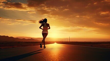 Wall Mural - Silhouette of young woman sprinting outdoors during a fitness workout