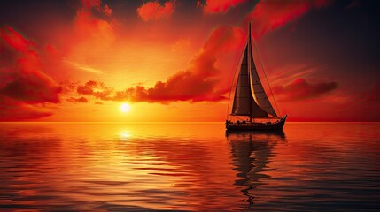 Wall Mural - Gorgeous sailing boat beneath breathtaking ocean sunset