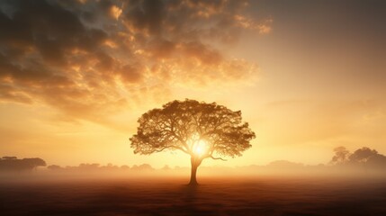 Leinwandbilder - Gorgeous dawn behind tall trees in spring with mist Silhouette of large tree with sun shining Savanna field in Africa during springtime Blurred background