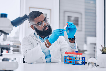 Wall Mural - Sample analysis, research and a scientist with blood for science or pharmaceutical healthcare in a lab. Focus, doctor or a black man with a dna vial for virus test, technician work or expert check