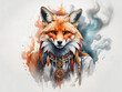 illustration of a fox like Shaman rising in the smoke, Shamanic ritual, Power animal.