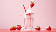 striped straws in a glass of splashing strawberry milkshake isolated on pastel pink color backdrop. AI Generated