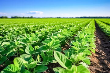 Wall Mural - Agricultural soy plantation on field agricultural landscape. Green growing soybeans plant.
