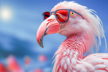 Flamingos Wearing Sunglasses To Block The Sun's Rays From The Blue Sky On A Tropical Island. Travel Concept.