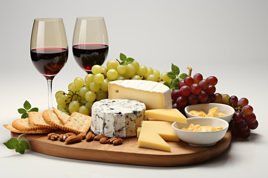 Wall Mural -  - Wine and cheese platter on grey background