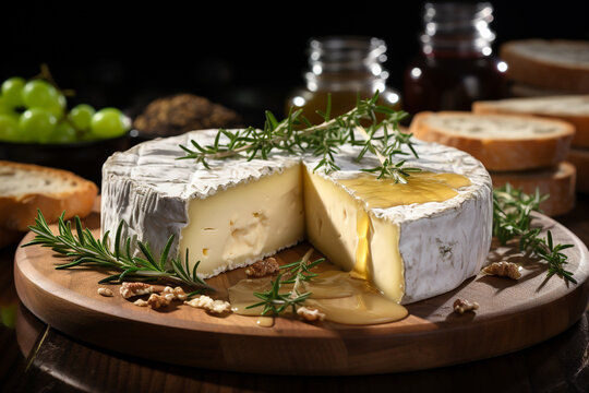 Wall Mural -  - Camembert cheese with rosemary on a wooden board