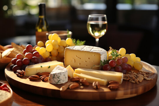 Wall Mural -  - Cheese and wine on a platter on top of table