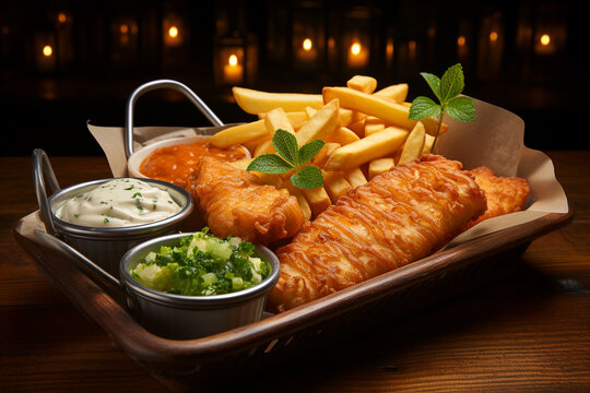 Wall Mural -  - Fish and chips dish on a plate