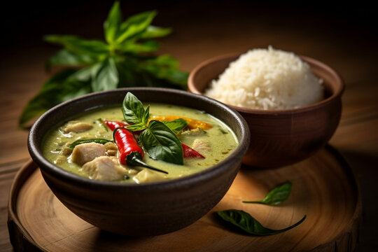 Wall Mural -  - A bowl of white rice and green curry Thailand food