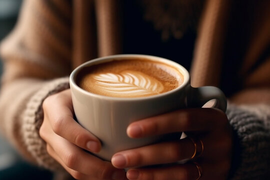 Wall Mural -  - Close up of woman holding a cup of coffee latte