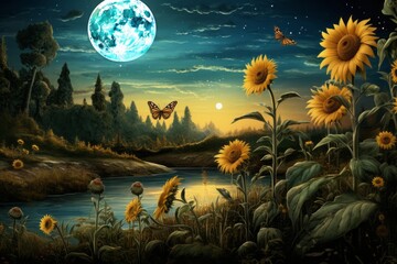 Wall Mural - Moon and sunflowers view. Beautiful illustration picture. Generative AI