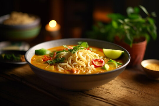 Wall Mural -  - Khao soi creamy coconut curry noodle soup on a Thailand food