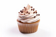 Cupcake with white frosting and chocolate sprinkles on white background