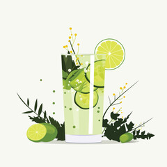 cold drink basil cucumber lime vector flat isolated illustration