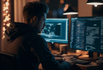 male developer sits at a computer, immersed in programming. ai generated