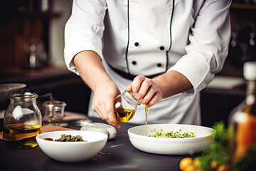 Wall Mural - Cook in apron adding some sauce to dish. Cropped chef preparing food, meal, in kitchen, chef cooking, Chef decorating dish, closeup