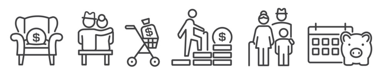 Wall Mural - retirement planning, pensioner and financing retirees vector line icons - thin line icon collection on white background