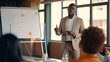© tong2530 - A Black people male business coach speaker in suit give flipchart presentation. Training. Generative Ai