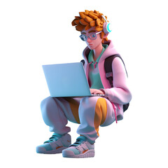 3d Young freelancer boy sitting and using laptop on his lap, character render isolated on transparent background
