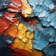 Aufkleber - An artistic photograph of cracked paint on a weathered surface, revealing a captivating blend of colors and textures.  Generative AI technology.