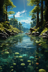 Poster - A serene pond reflecting a lush landscape, with circles of light playing on the water's surface.  Generative AI technology.