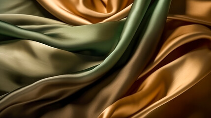 Smooth elegant green and brown silk fabric texture, generative AI.