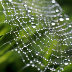 Poster - A spider web covered in a myriad of dewdrops, enhancing the complexity of its construction.  Generative AI technology.