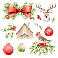 Set Of Elements For Christmas. Watercolor Bird, Deer And Winter Wooden House, Fir Tree Branch, Red Bow Toy Isolated On White