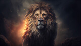 Fototapeta  - Lion of Judah, exuding strength and power. Christian conceptual illustration, lion in the sunset, Ai generated image 