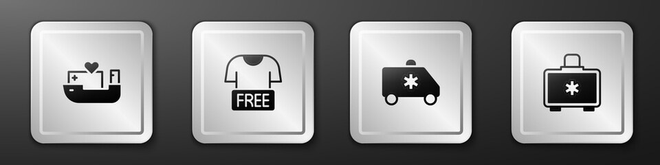 Wall Mural - Set Humanitarian ship, Clothes donation, Emergency car and First aid kit icon. Silver square button. Vector