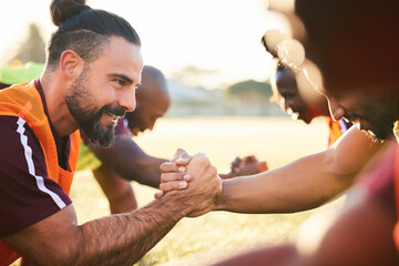 Sticker - Rugby, shaking hands and team exercise, training or cooperation at sunrise. Handshake, sports partnership and happy athlete group in trust agreement, solidarity and workout, fitness and collaboration