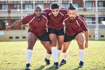 Wall Mural - Portrait, fitness and a rugby team training together for a scrum in preparation of a game or competition. Sports, exercise and teamwork with a male athlete group at an outdoor stadium for practice