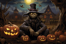 Design An Inviting Halloween Greeting Card, Featuring A Friendly Scarecrow Sitting Amidst Pumpkins, Welcoming Recipients To A Harvest-inspired Celebration." Generative AI