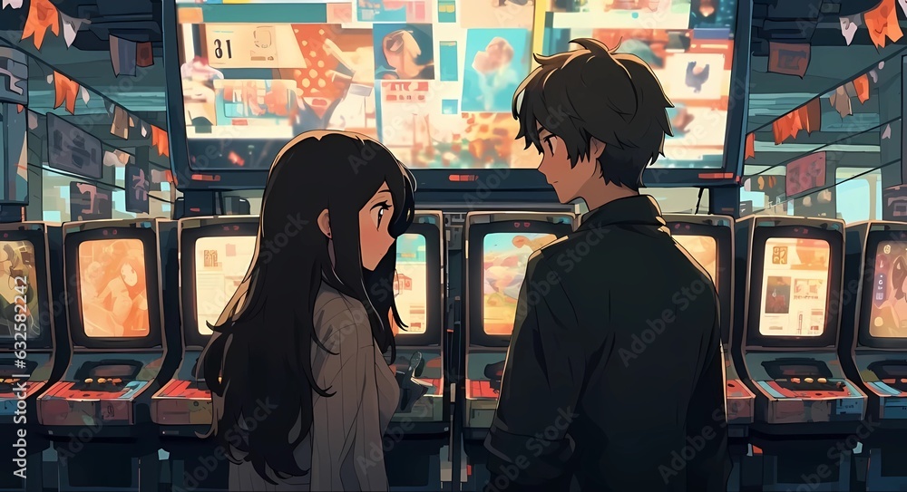 Young couple playing retro games in an arcade Stock Illustration ...