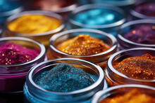 Makeup Image Of Row Of Colorful Powder Jars Containing Dipping Powder For Nail Polish.
