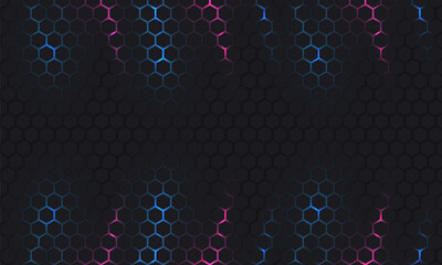 Wall Mural - dark hexagon abstract technology background with blue and pink colored bright flashes under hexagon.