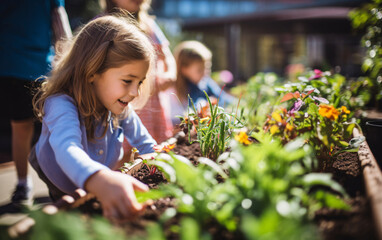 Back to school, gardening in the school garden, children take care of plants