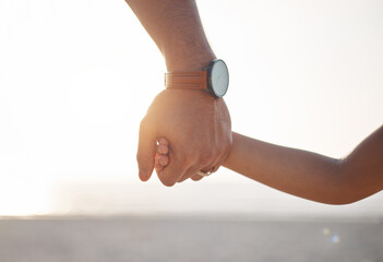 Poster - Parent, father or kid holding hands in park in countryside nature together for support or care. Family, closeup or dad with child bonding or walking on holiday vacation with love, unity or trust