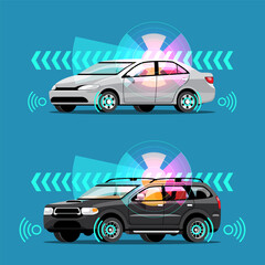 Wall Mural - Autonomous smart car automatic wireless sensor driving on road around the car.