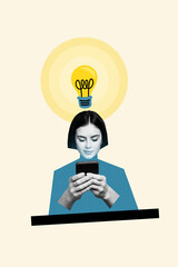 Vertical collage image of black white effect intelligent girl arms hold smart phone texting light bulb above head isolated on beige background