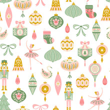 Vector Christmas Seamless Pattern With Vintage Ornaments In Pastel Tones