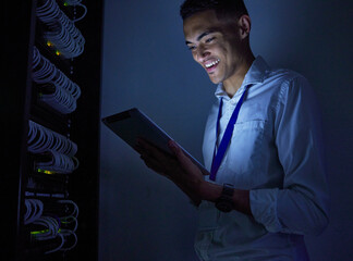 Man, engineering and tablet in data center or server room inspection, system solution or cybersecurity at night. Happy electrician person on digital tech with power cables, electricity or programming
